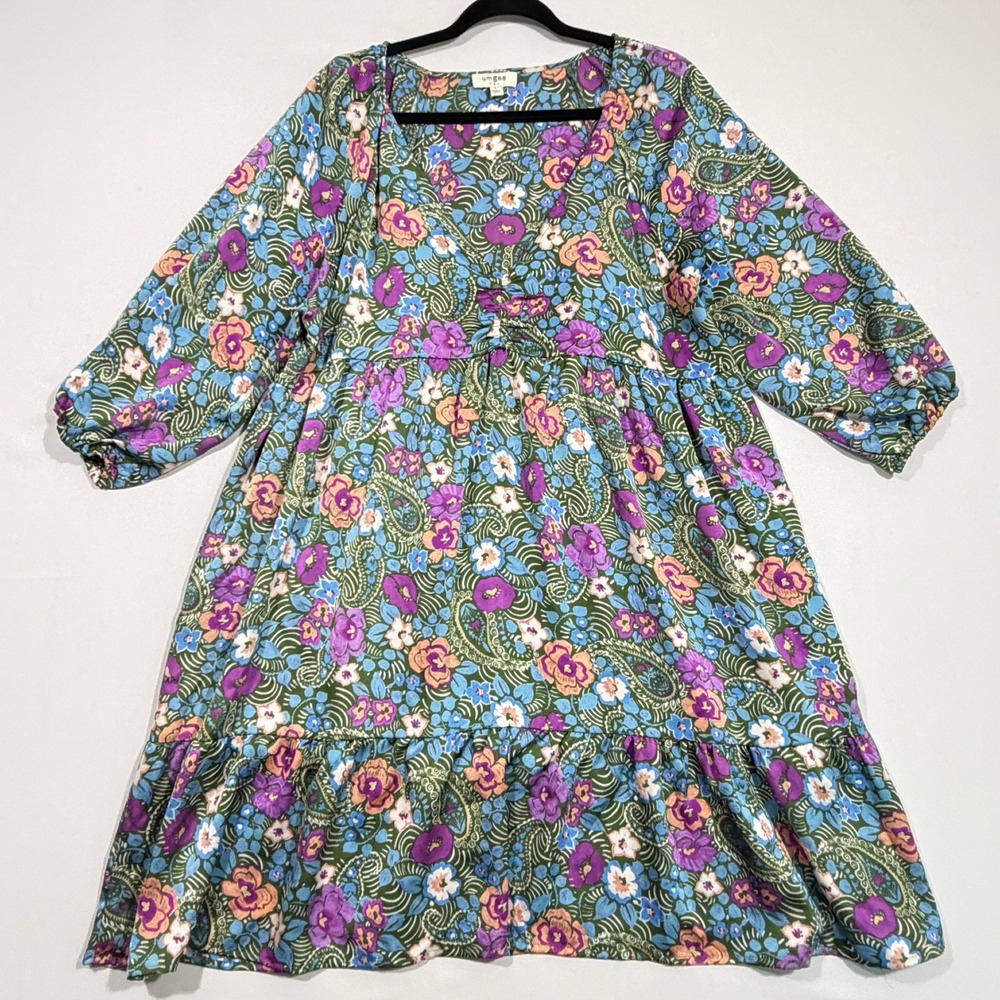 Umgee Babydoll Dress Women's L Green Floral Paisley Boho Tiered Ruffle Mini